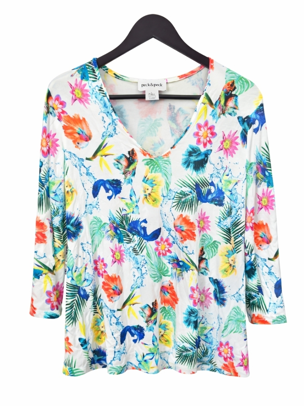 Peck & Peck White Floral V-neck Pullover Spandex Blend Long Sleeve Tee Sz Lg